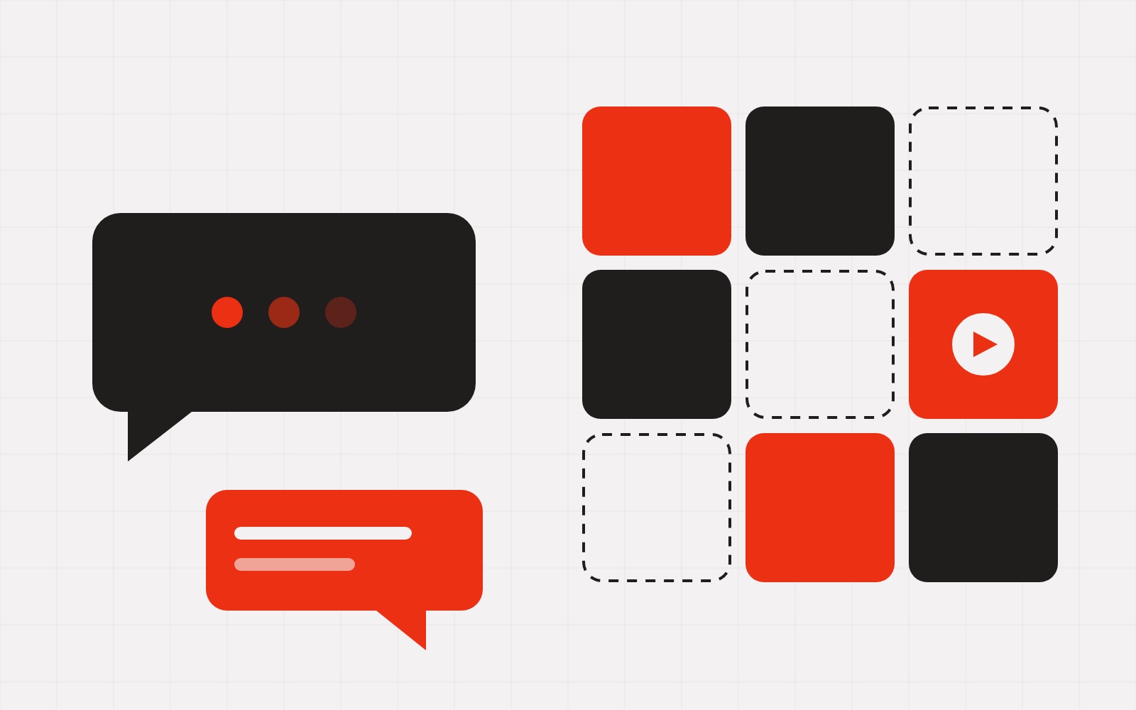 Illustration : bulles de conversation et grille de publications aux couleurs Ellon